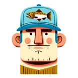DALL·E 2023-11-28 22.26.39 - Illustration of a 50-year-old man with a prominent chin, wearing a cap with a trout emblem, in a naive art style. The illustration should be simple an